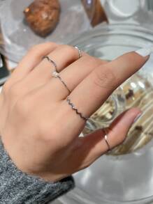 DAZY 5入組仿珍珠裝飾戒指 - 銀色 - 查看 3