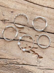 DAZY 5入組仿珍珠裝飾戒指 - 銀色 - 查看 4