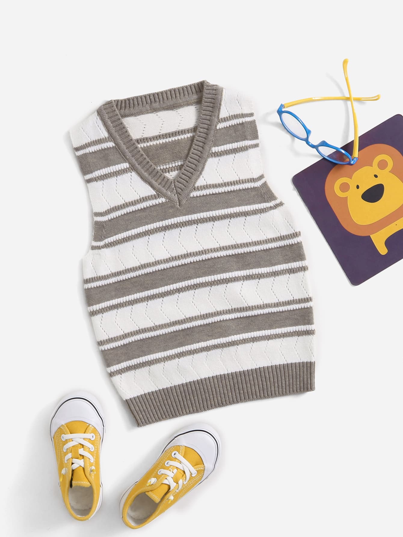 Toddler Boys Stripe Pattern Eyelet Detail Sweater Vest - Multicolor - View 1