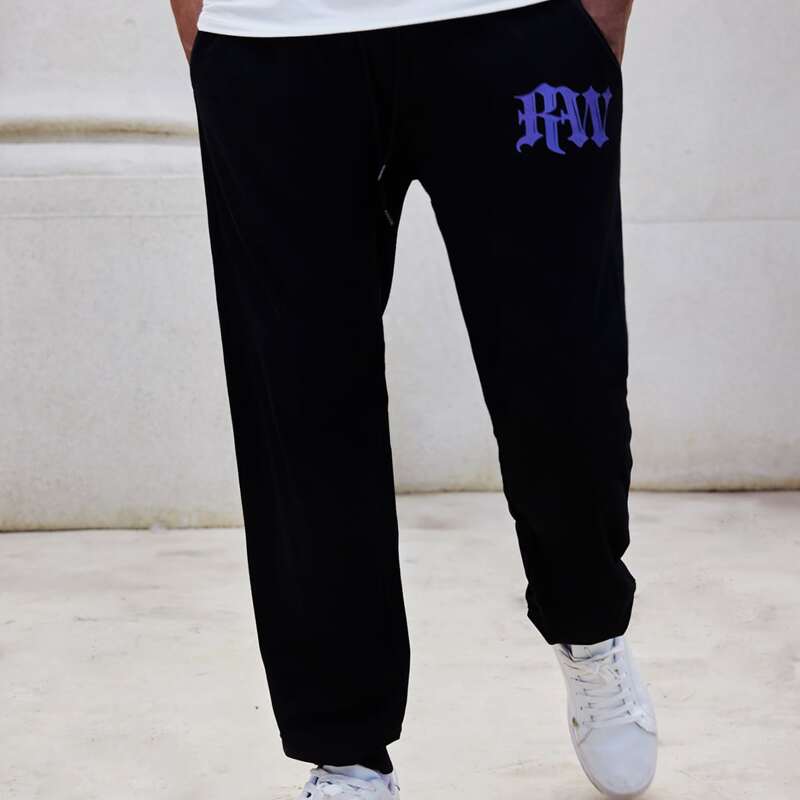 

Guys Letter Print Drawstring Sweatpants, Black