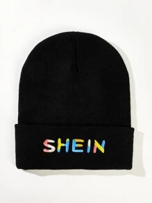 SHEIN Logo Pattern Knit Hat - Black - View 1