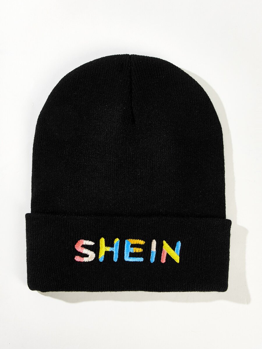 SHEIN Logo Pattern Knit Hat - Black - View 1
