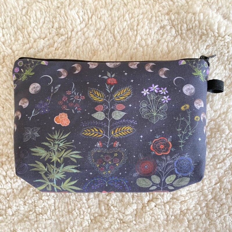 

Floral & Moon Pattern Zippered Makeup Bag, Black