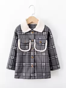小女童格紋羊絨領口翻蓋口袋外套