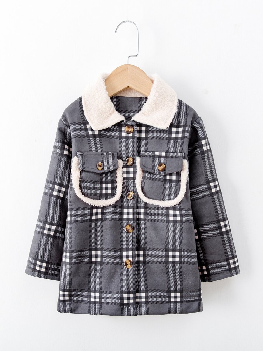 小女童格紋羊絨領口翻蓋口袋外套