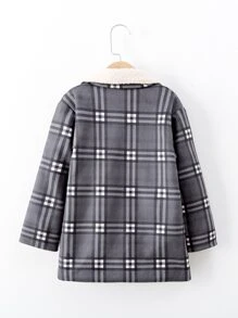 小女童格紋羊絨領口翻蓋口袋外套