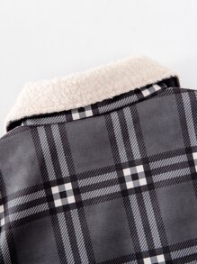 小女童格紋羊絨領口翻蓋口袋外套