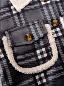小女童格紋羊絨領口翻蓋口袋外套
