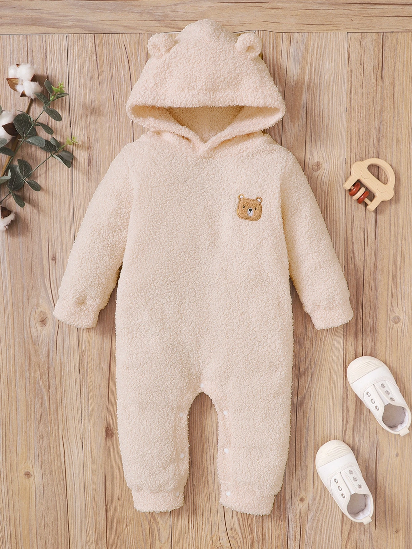 Bebe Combinaison En Tissu Duveteux Avec Broderie Ours Et Oreilles 3d Shein