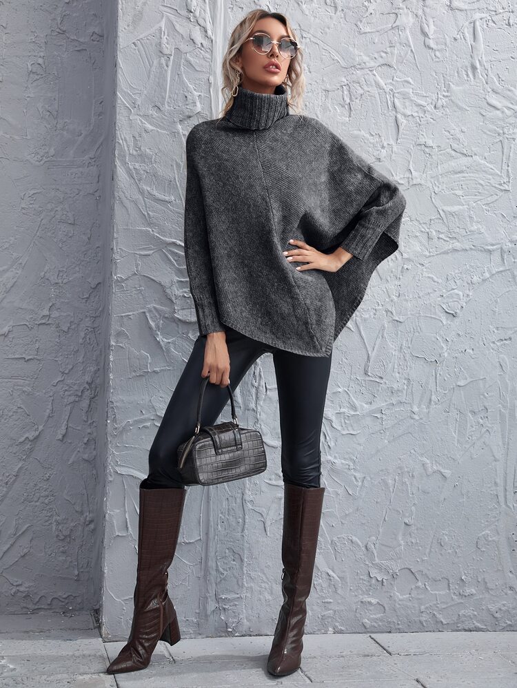 SHEIN LUNE Turtleneck Asymmetrical Hem Poncho Sweater - Dark Grey - View 3
