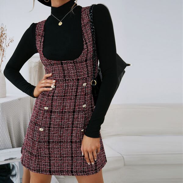 

Button Detail Plaid Tweed Dress Without Tee, Multicolor