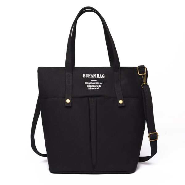 

Letter Graphic Canvas Shoulder Tote Bag, Black
