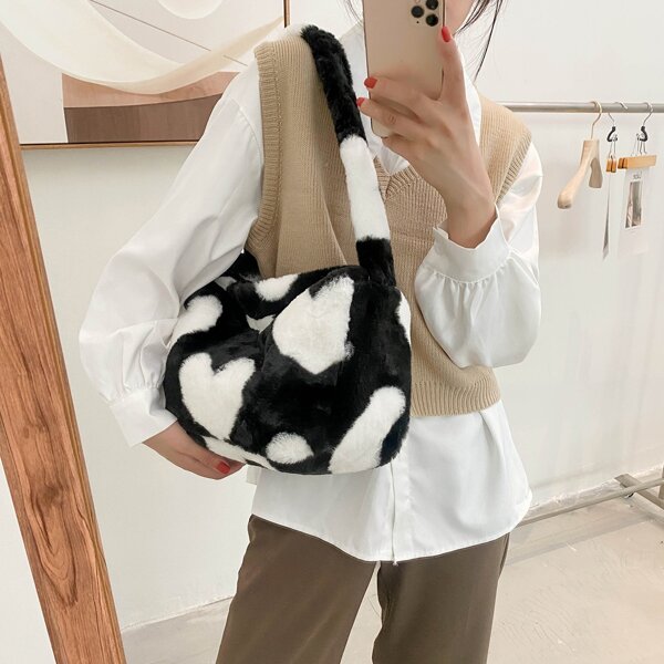 

Cow Print Fluffy Shoulder Bag, Black and white