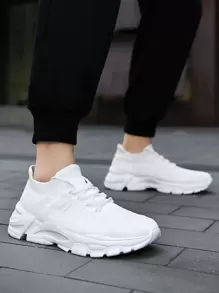 Men Minimalist Lace Up Front Sneakers - White - View 1