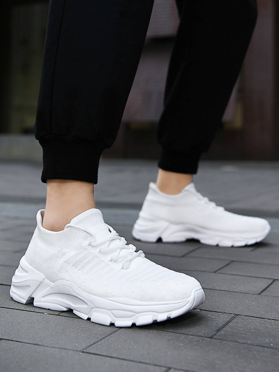 Men Minimalist Lace Up Front Sneakers - White - View 1