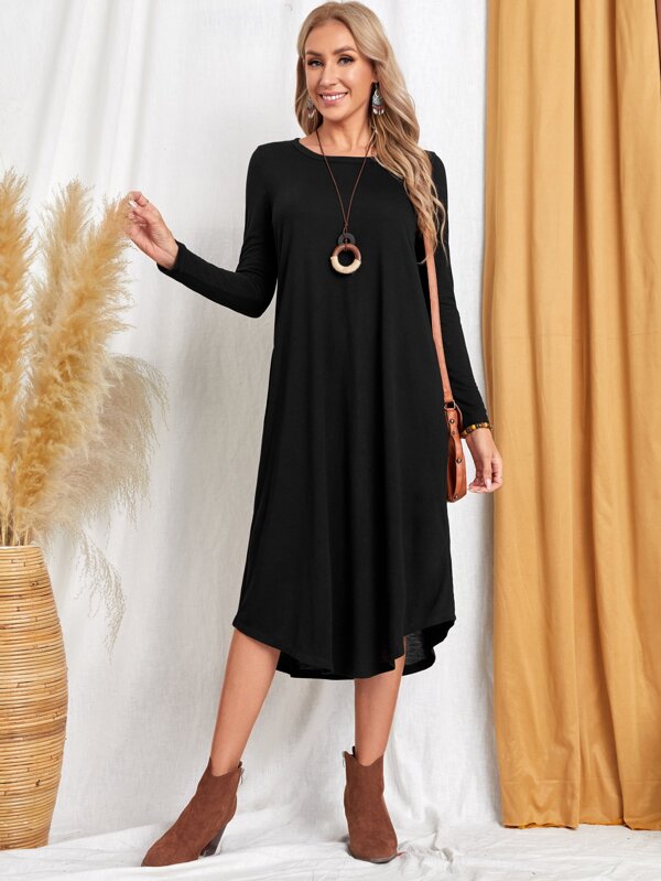 EMERY ROSE Women Knit Slanted Pocket Arc Hem Dress Casual Women Dresses Dress With Sleeves Long Fall Dress