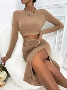 Chiquease Đầm Cắt ra xoắn lại Tách cao màu trơn Gợi cảm - Màu Khaki - Xem 1