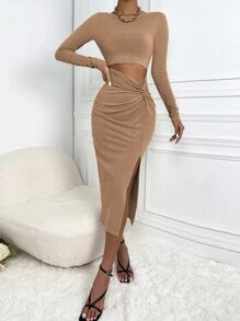 Chiquease Đầm Cắt ra xoắn lại Tách cao màu trơn Gợi cảm - Màu Khaki - Xem 5