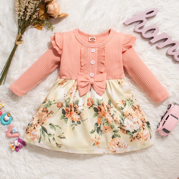 

Baby Floral Print Ruffle Trim Bow Front Dress, Multicolor