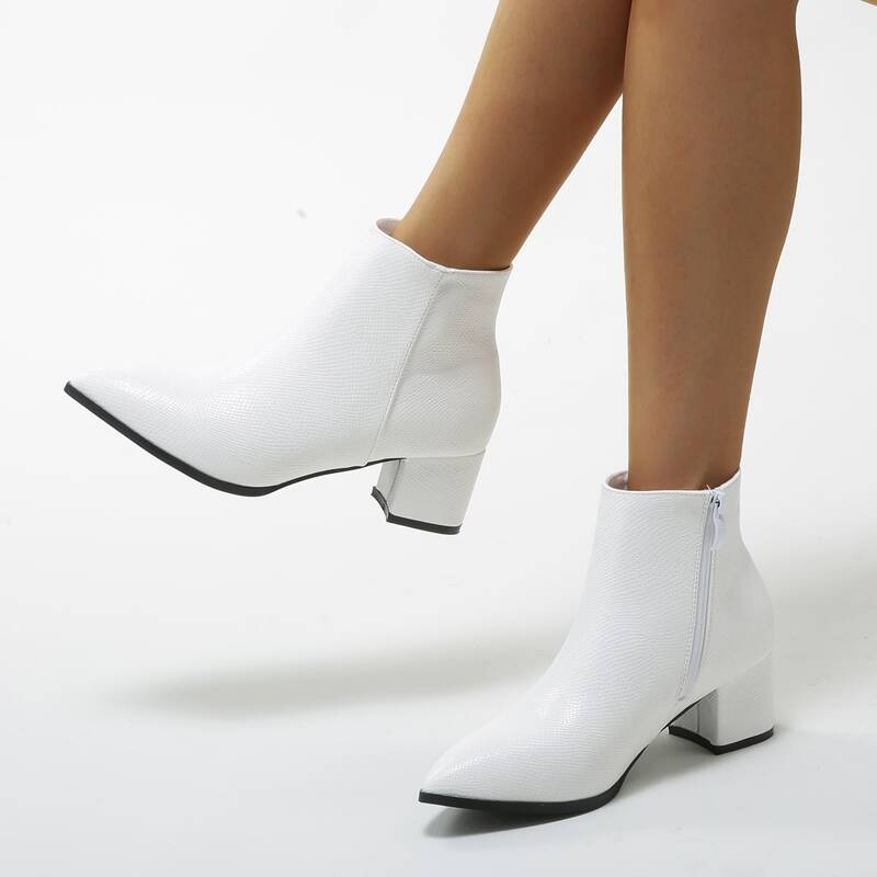 

Minimalist Chunky Heeled Side Zipper Boots, White