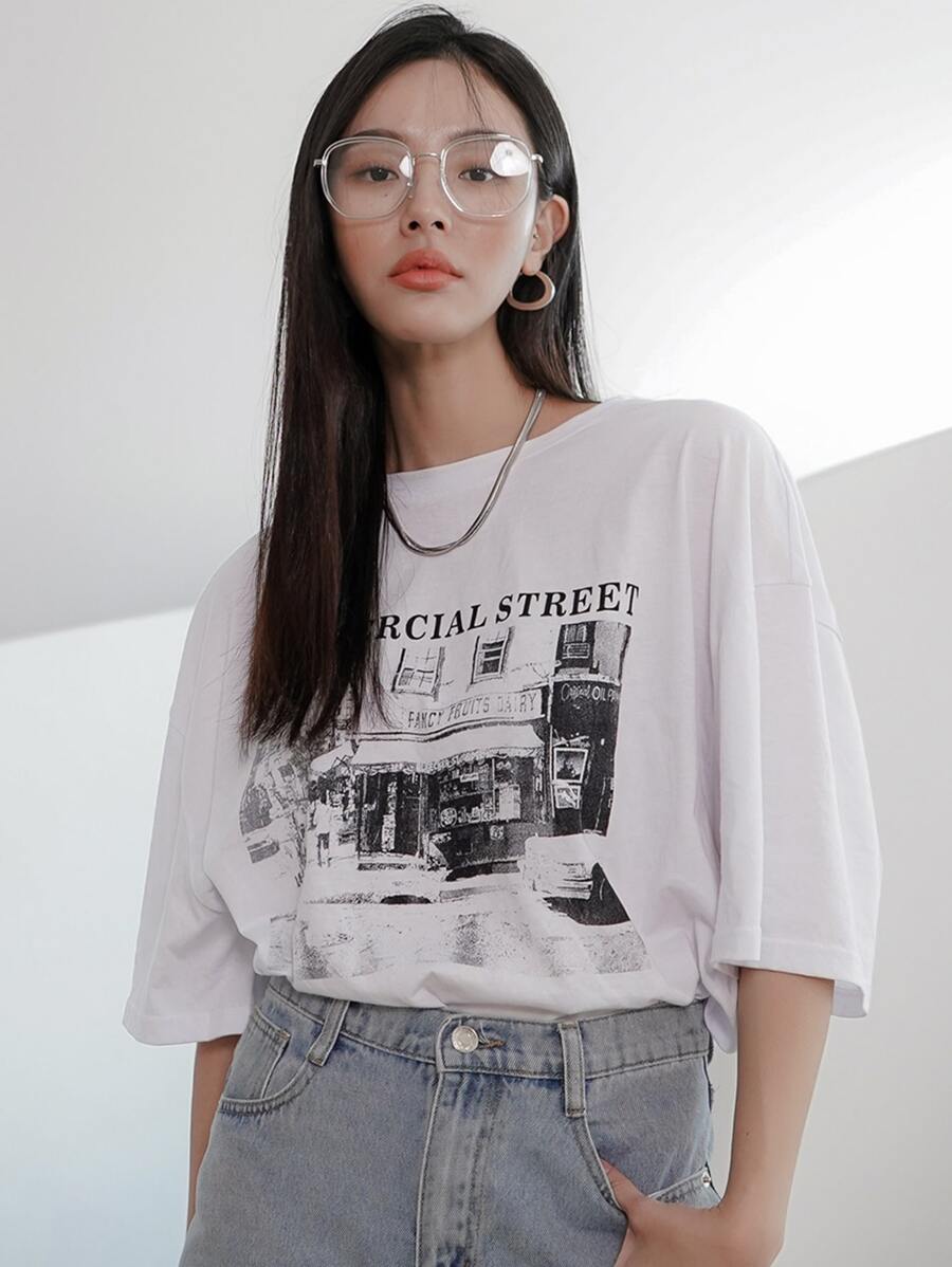 Áo thun nữ Lá thư Giải trí - trắng - Xem 1