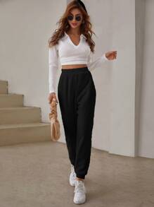 SHEIN EZwear Quần nữ màu trơn Giải trí - màu đen - Xem 5