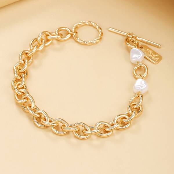 

Faux Pearl Decor Chain Bracelet, Gold