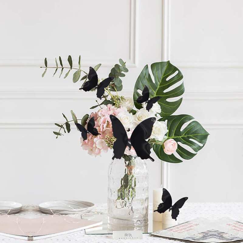 

24pcs 3D Solid Color Butterfly Wall Sticker, Black