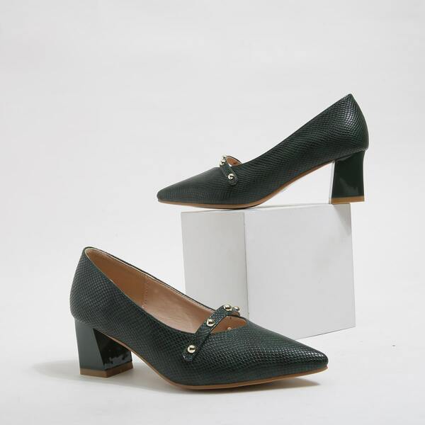 

Snakeskin Graphic Point Toe Chunky Pumps, Dark green
