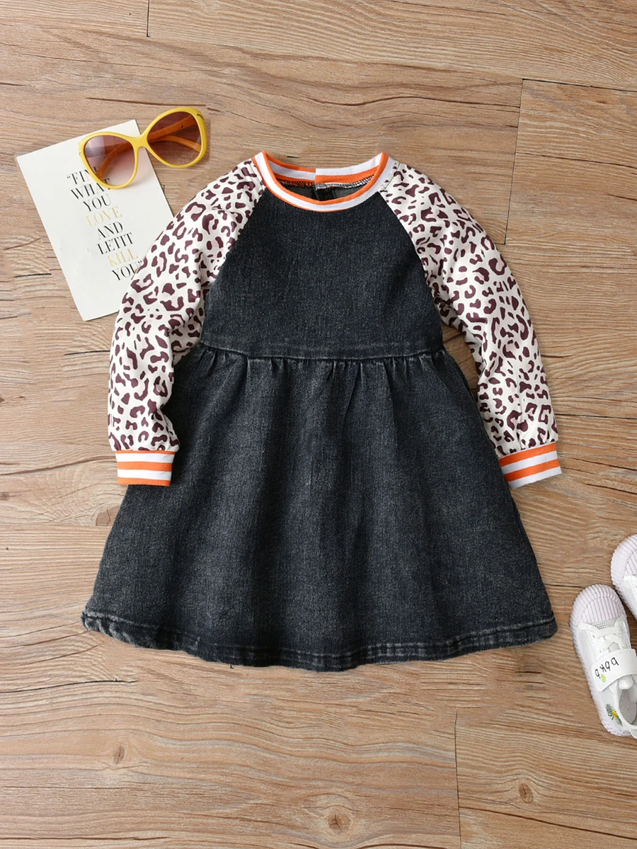 Niñitas Vestido mezclilla de leopardo en contraste de manga raglán - Gris Oscuro - Ver 1
