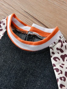 Niñitas Vestido mezclilla de leopardo en contraste de manga raglán - Gris Oscuro - Ver 3