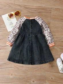 Niñitas Vestido mezclilla de leopardo en contraste de manga raglán - Gris Oscuro - Ver 2