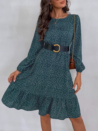 Polka Dot Lantern Sleeve Ruffle Hem Dress Without Belt
