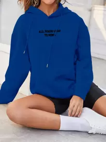 SHEIN LUNE Sudadera con capucha de hombros caídos con bordado de eslogan para graduación, maestros, regreso a la escuela, otoño - Azul - Ver 1