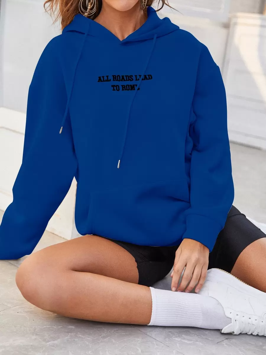 SHEIN LUNE Sudadera con capucha de hombros caídos con bordado de eslogan para graduación, maestros, regreso a la escuela, otoño - Azul - Ver 1