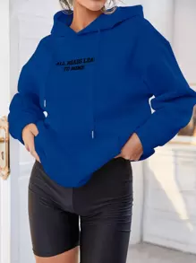 SHEIN LUNE Sudadera con capucha de hombros caídos con bordado de eslogan para graduación, maestros, regreso a la escuela, otoño - Azul - Ver 4