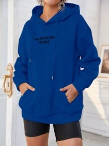 SHEIN LUNE Sudadera con capucha de hombros caídos con bordado de eslogan para graduación, maestros, regreso a la escuela, otoño - Azul - Ver 5