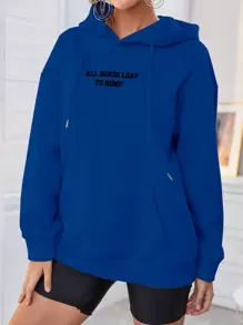 SHEIN LUNE Sudadera con capucha de hombros caídos con bordado de eslogan para graduación, maestros, regreso a la escuela, otoño - Azul - Ver 6