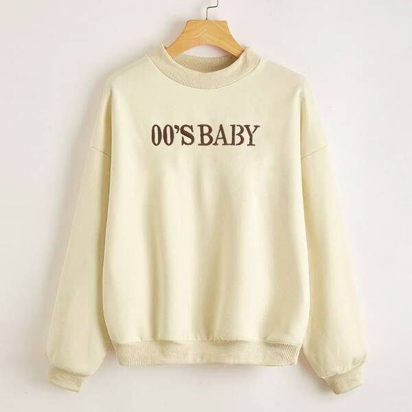 

Embroidery Letter Drop Shoulder Pullover, Beige