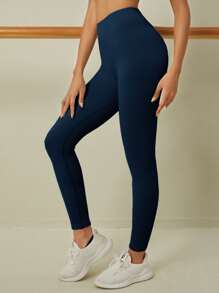 Easithlete 羅紋針織跑步緊身褲無縫中度彈力競技緊身打底褲 - 藏蓝色 - 查看 2