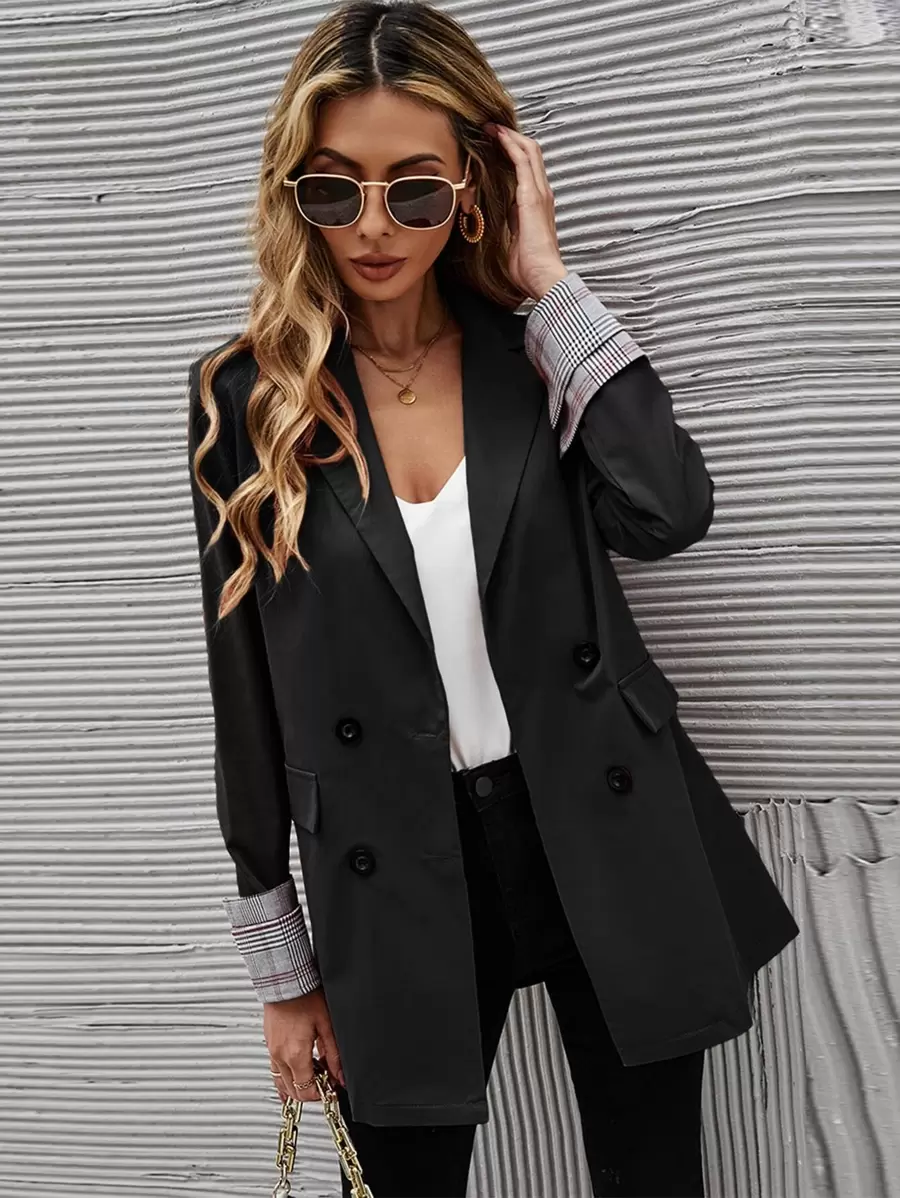 SHEIN Essnce Contrast Plaid Double Breasted Blazer - Black - View 1