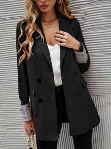 SHEIN Essnce Contrast Plaid Double Breasted Blazer - Black - View 3