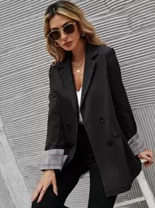 SHEIN Essnce Contrast Plaid Double Breasted Blazer - Black - View 4