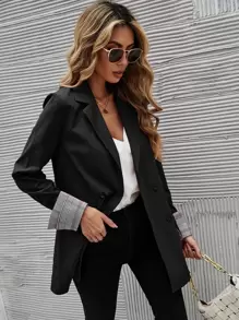 SHEIN Essnce Contrast Plaid Double Breasted Blazer - Black - View 5