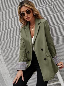 SHEIN Essnce Contrast Plaid Double Breasted Blazer - Army Green - View 4