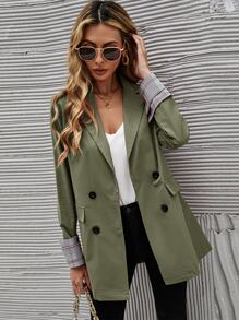 SHEIN Essnce Contrast Plaid Double Breasted Blazer - Army Green - View 5
