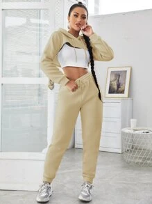 SHEIN Unity 女式纯色简约连帽衫和裤子套装，休闲日常穿着 - 米色 - 查看 1