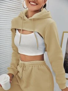 SHEIN Unity 女式纯色简约连帽衫和裤子套装，休闲日常穿着 - 米色 - 查看 4