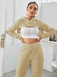 SHEIN Unity 女式纯色简约连帽衫和裤子套装，休闲日常穿着 - 米色 - 查看 5