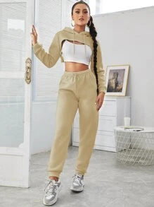 SHEIN Unity 女式纯色简约连帽衫和裤子套装，休闲日常穿着 - 米色 - 查看 6